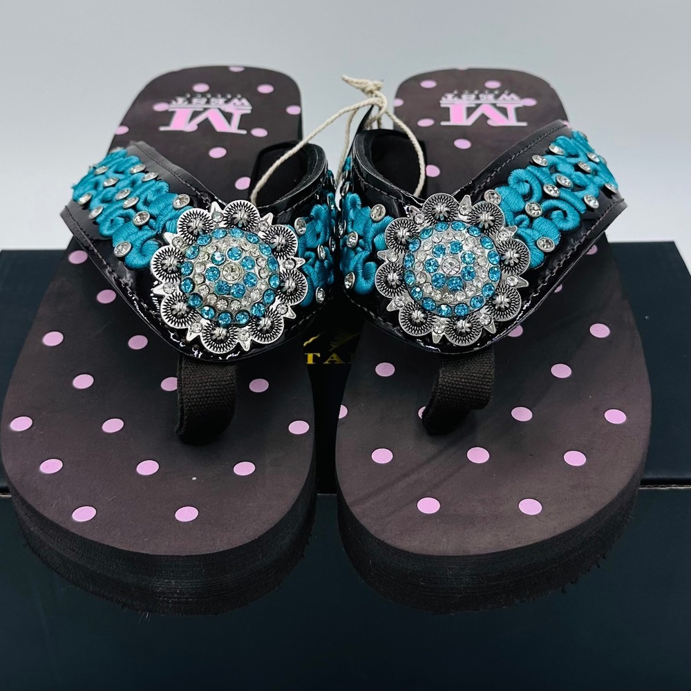 Montana West Flip Flops Womens 10 Black Turquoise Rhinestone Concho Wedge NEW